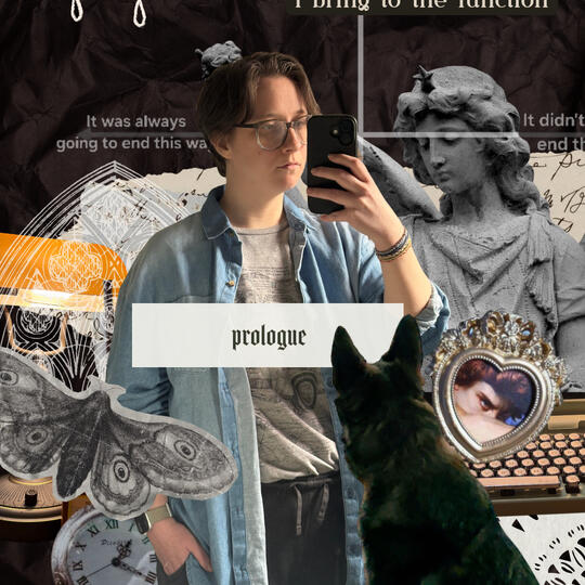 a collage of dark academia elements & a photo of Auden Patrick, a white trans with brown hair and silver round glasses, looking to the right.