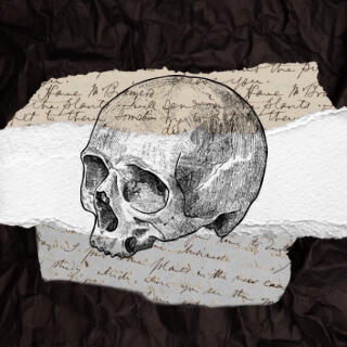 Yorick a collage of various papers with the stamp of a skull